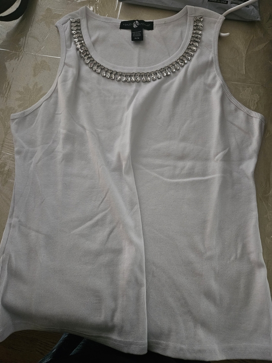 Ashley Stewart Tops - Ashley Stewart White Ribbed Tank with Crystal Trim